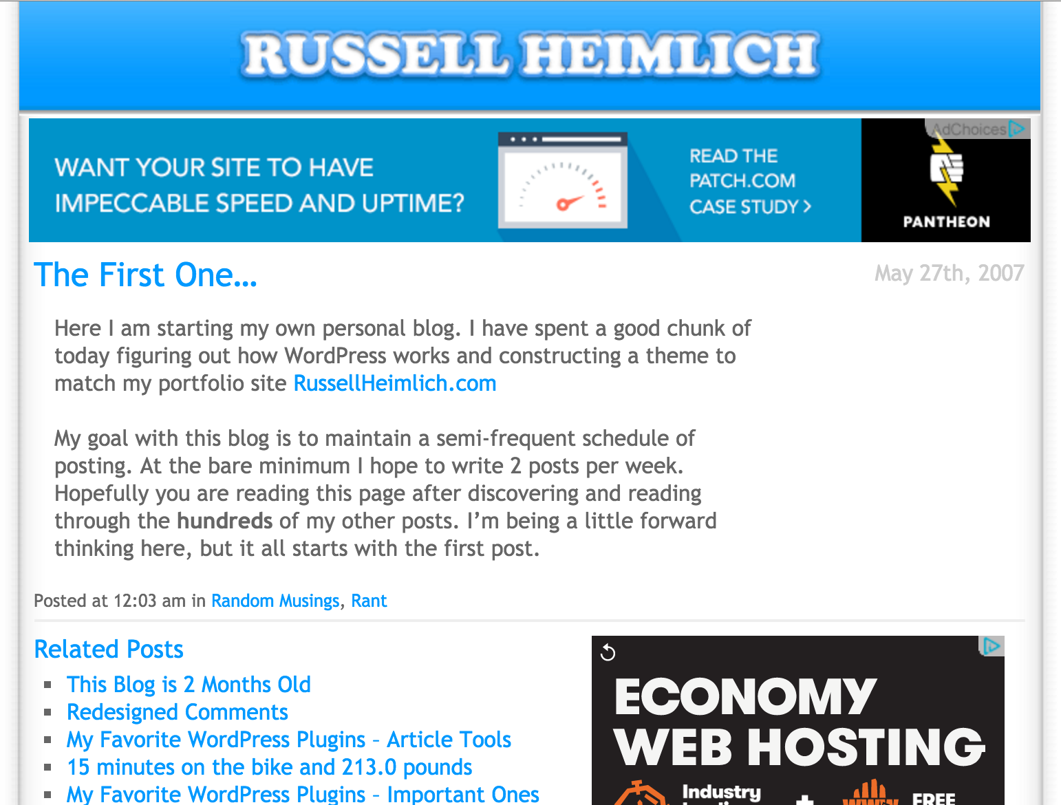 Screenshot of Russell Heimlich's first blog post