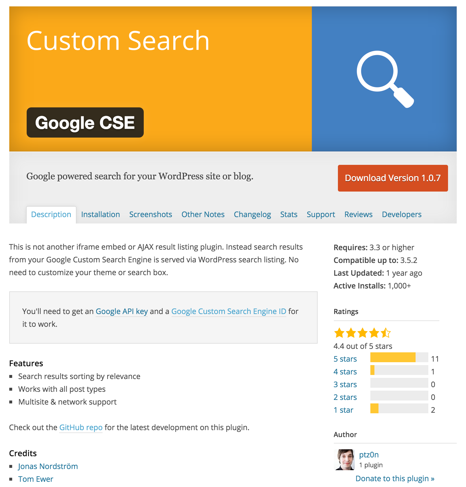 Screenshot of Google custom search engine plugin page
