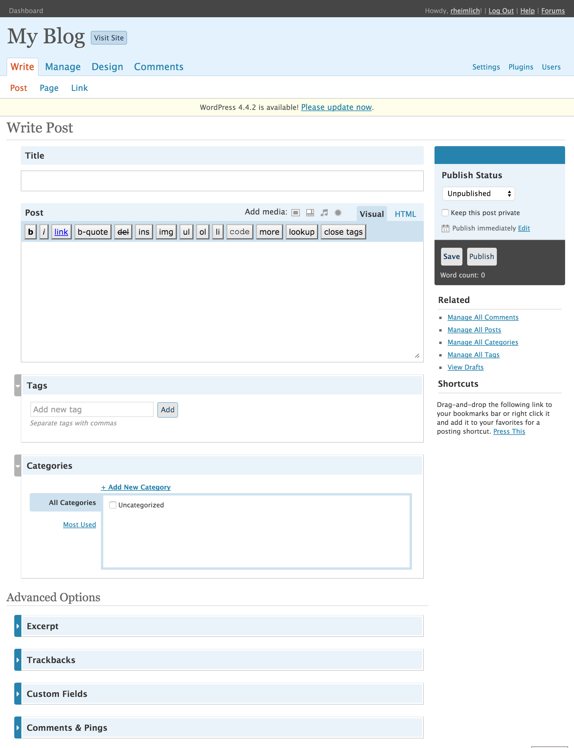 Screenshot of the New Post admin interface for WordPress version 2.6